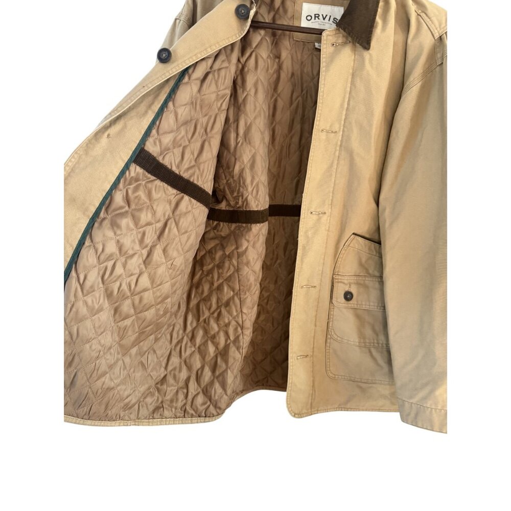 Orvis Mens Quilted Tan barn Field Jacket With Corduroy Collar Button Pockets XL - Picture 4 of 6